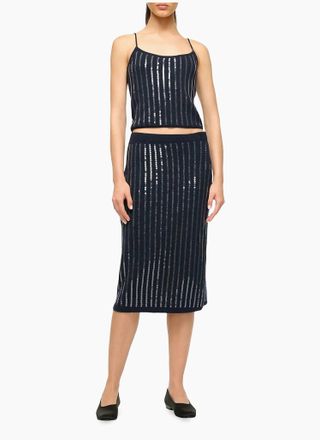 Staud Mimi Sequin Midi Skirt In Navy