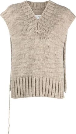 Maison Margiela Distressed Knit V-Neck Vest - Dames - V-hals truien - Beige - M - Wol - Truien & Vesten
