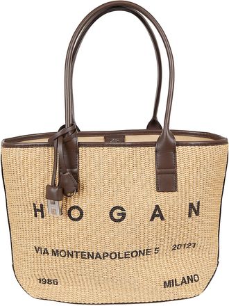 Hogan Medium Raffia Shopping Bag with Leather Trim