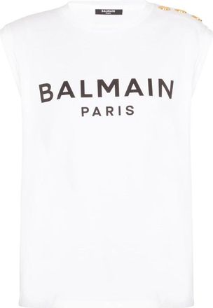 Balmain Katoenen T-shirt met logoprint - Dames - Tops zonder mouwen - Wit - L - Katoen - Tops