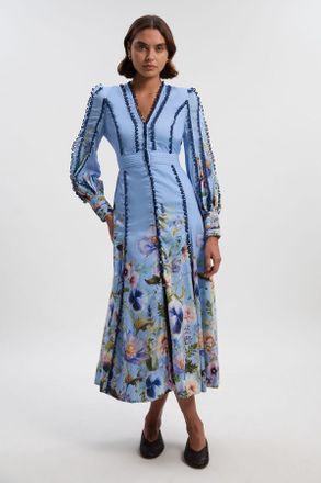 Karen Millen Womens Trailing Floral Woven Plunge Maxi Dress - Blue - Size 8 UK