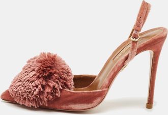Aquazzura Rose Pink Velvet Powder Puff Pom Pom Slingback Pumps