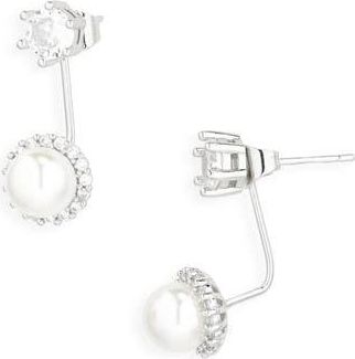 Tasha Cubic Zirconia & Faux Pearl Drop Front/Back Earrings in Silver Cz at Nordstrom Rack