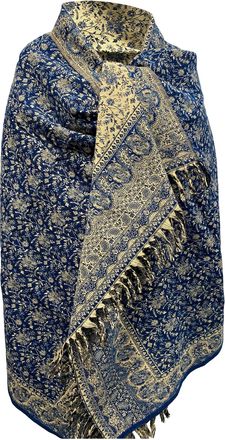 Tibet DARK BLUE BEIGE FLORAL WINTER SCARF SHAWL WRAP PURE YAK WOOL SCARF SHAWL DECORATION WOOL BLANKET UNISEX OVERSIZED DOUBLE SIDED LUXURIOUS WOOL SCARF GI