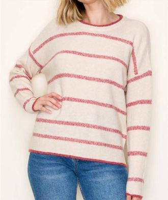 Staccato Striped Crew Neck Loose Fit Sweater In Burgandy