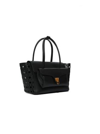 Coccinelle Perforated Split Leather Tote Bag - Black
