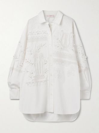 Carolina Herrera Camicia Oversize In Popeline Di Misto Cotone Spazzolato Con Ricami - Bianco