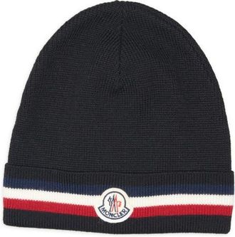 Moncler Tricolor Stripe Ribbed Wool Beanie in Black at Nordstrom