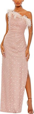 Mac Duggal Embellished One Shoulder Gown W/ Ostrich Feathers