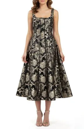 Mila Mae Jacquard Sleeveless Fit & Flare Midi Dress in Black Gold Floral at Nordstrom Rack, Size X-Small