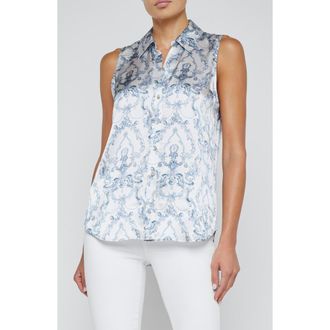 L'agence Emmy Sleeveless Silk Shirt in White Blue Scroll Toile at Nordstrom Rack, Size X-Small