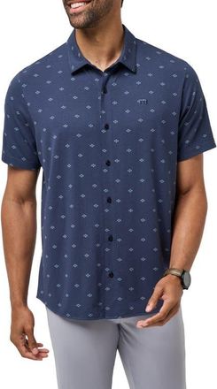 Travis Mathew Shore of It Geo Print Short Sleeve Button-Up Knit Shirt in Total Eclipse at Nordstrom, Size X-Large