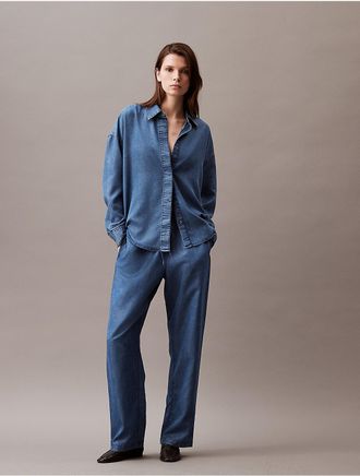 Calvin Klein Womens Relaxed Lyocell Blend Denim Button-Down Shirt - Blue - XS