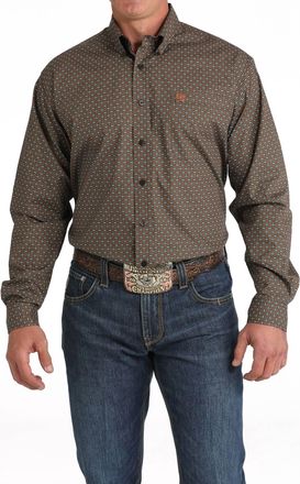 Cinch Plain Weave Long Sleeve Button Down Shirt In Brown Geo