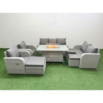 Fimous Pe Rattan Garden Furniture Set Reclining Chair Sofa Double Love Seat 2 Seater Sofa Lounge Set Firepit Dining Table 3 Stools 2 Side Table Light Grey