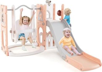 Costway 7 in 1 Parco Giochi per Bambini, Set di Scivolo e Altalena per Bambini con Canestro da Basket e Telescopio, 142 x 165 x 92 cm, 1-3 Anni (Rosa)