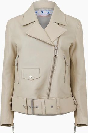 Off-white Womens Solid Patterned Asymmetric Zipped Cuff Bike Jacket - Tan - Size: 10