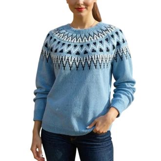 Generic Jumpers for Women Ladies Fairisle Casual Long Sleeve Crew Neck Retro Jacquard Sweater Xmas Warm Jumpers Classic Nordic Knitwear Sweatshirt Tops,Blue,M