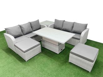 Fimous Outdoor Garden Furniture Sets 8 Seater Wicker Rattan Furniture Sofa Sets w/ Adjustable Lifting Dining or Coffee Table high Back Lounge Sofa 2