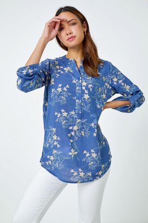 Roman Cotton Floral Print V-Neck Overshirt