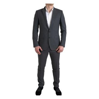 Dolce & Gabbana Kostuums, Heren, Grijs, M, Wol, Elegant Grijs Geruit Slim Fit Pak