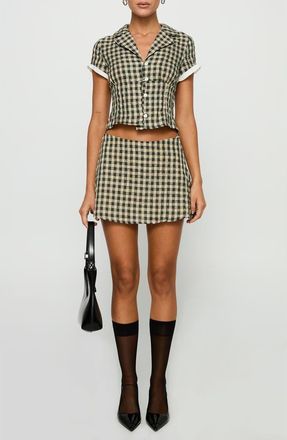 Princess Polly Rhom Check Cotton Crop Button-Up Shirt & Miniskirt Set in Brown Check at Nordstrom, Size 10