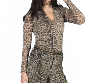 Petit Pois by Viviana G High V-Neck Long Sleeve Tee In Leopard