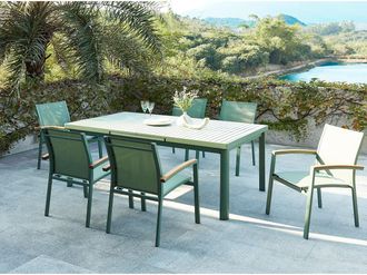 Vente-Unique Sala pranzo giardino Alluminio Verde acqua NAURU: tavolo allung. L.180/240cm 6 poltrone impil. braccioli Acacia