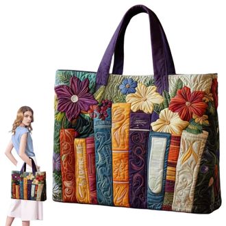 Generic Quilted Tote Bag, Embroidery Floral Bookish Patchwork Bags, Canvas Tote Bags for Women, Large Capacity Totes, Suitable for Office, Shopping, Appointme