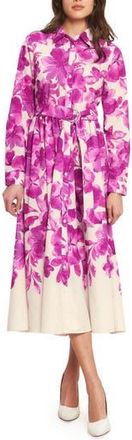 Flying Tomato Floral Long Sleeve Midi Shirtdress in Ivory Fuchsia Floral at Nordstrom Rack, Size Medium