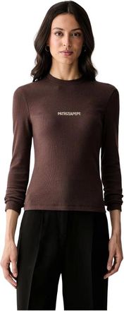 Patrizia Pepe Tops, Dames, Bruin, M, Katoen, Logo-geborduurd Ribgebreid T-shirt met Lange Mouwen