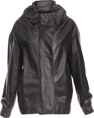 Marni black lamb leather gathered collar zip up oversized jacket IT42 M