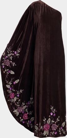 Mac Duggal One-Shoulder Sequin Floral Velvet Gown