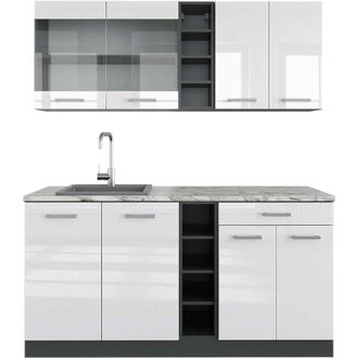 Vicco Cucina completa R-Line, Bianco lucido/antracite, 160 cm, PL Marmo, Vicco