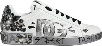 Dolce & Gabbana White Silver Crystal Logo Portofino Sneakers Mens Shoes
