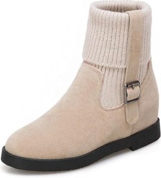 Generic Womens Suede Ankle Boots Knitted Cuff Buckle Hidden Wedge Heels Comfortable Slip-Resistant Durable Casual Daily Office Work Shoes,Apricot,7.5 UK