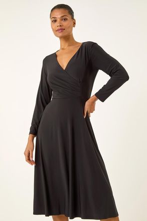 Roman Gathered Mock Wrap Midi Dress