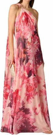 Aidan Mattox One-Shoulder Peony Floral Chiffon Scarf Gown In Pink Multi