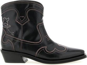 Ganni Low Shaft Embroidered Western Enkellaarsjes - Dames - Cowboylaarzen - Zwart - 40 EU - Katoen - Schoenen