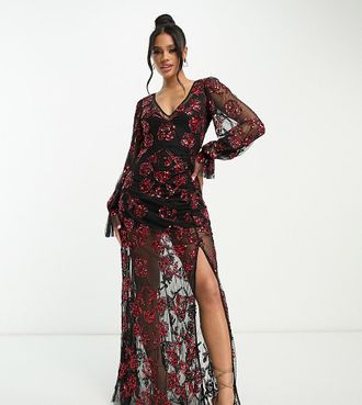 Lace & Beads Esclusiva Lace & Beads - Vestito lungo a maniche lunghe con applicazioni rosse miste-Rosso