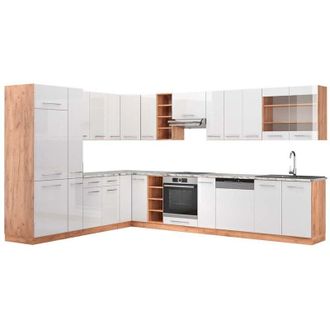 Vicco Cocina Esquinera Fame-line, Blanco Brillo Intenso/roble Dorado, 347 X 257 Cm, Et M&aacute;rmol