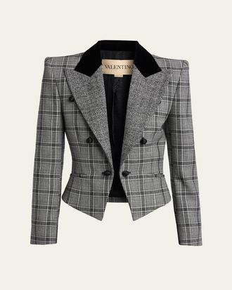 Valentino Garavani Velvet-Trim Check Double-Breasted Jacket