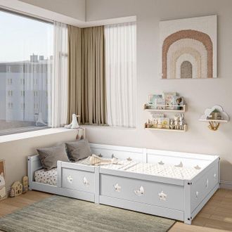 OEM Cama Infantil 140x200 Cm De Madera Maciza, Cama Doble 140x200 Cm, Cama Baja 140x200 Cm Con Barrera De Seguridad, Somier Incluido, Blanco