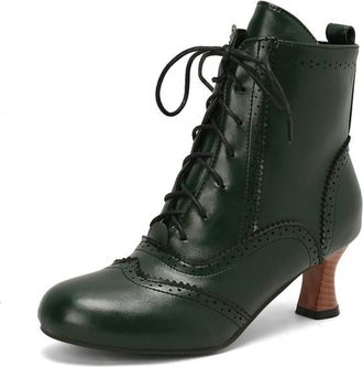 Generic Womens 5.5cm Kitten Heel Brogue Ankle Boots with Lace-Up,Vintage-Style,Green,6.5 UK