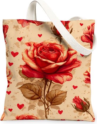 Generic ValentineS Floral Canvas Tote Bags, Rose Heart Pattern Reusable Grocery Bags, Lightweight Washable Shoulder Strap Canvas F, Red, 13x15 Inch