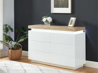 Vente-Unique Comò 6 cassetti con LED in MDF laccato Bianco e Rovere - HALO II