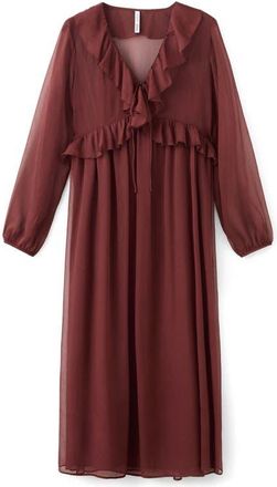 Mango Ruffle Trim Long Sleeve Maxi Dress in Brown at Nordstrom, Size 10