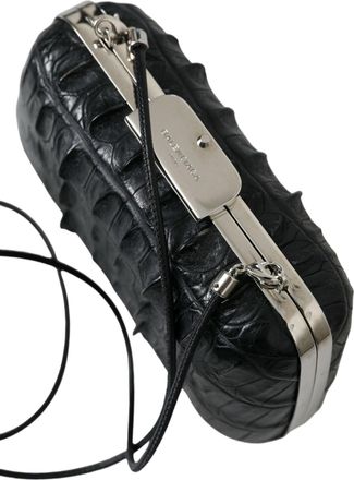 Balenciaga Womens Crocodile Leather Clutch Shoulder Black Skin Lamb