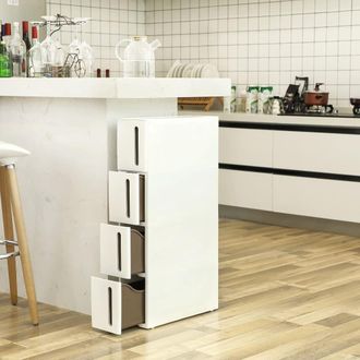 Songmics Carrito estrecho con ruedas y 4 cajones de pl&aacute;stico blanco