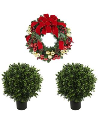 Creative Displays Inc. Modern Holiday Set With 26In Christmas Wreath & 2 Uv-Rated Boxwood Drop-Ins